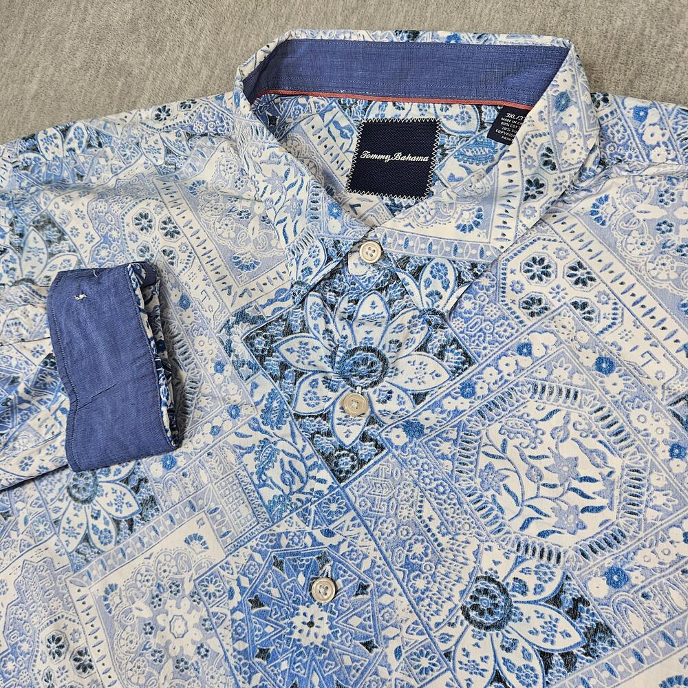 Tommy Bahama Shirt Mens 3XL Blue Silk Blend Floral Bandana Button Up Long Sleeve
